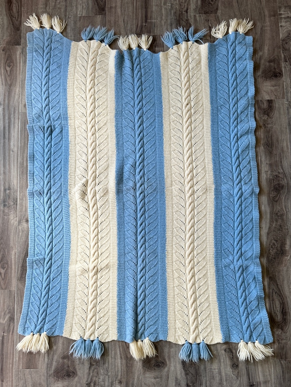 Handmade Handknit Cable Blue and Cream Striped Knit Throw Blanket with Tassels